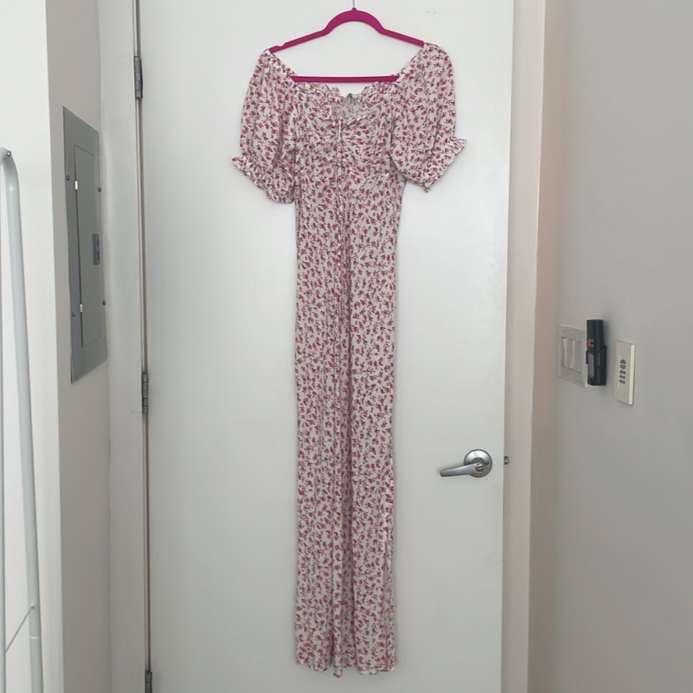 Pink floral cottage core lightweight viscose off-shoulder summer dress